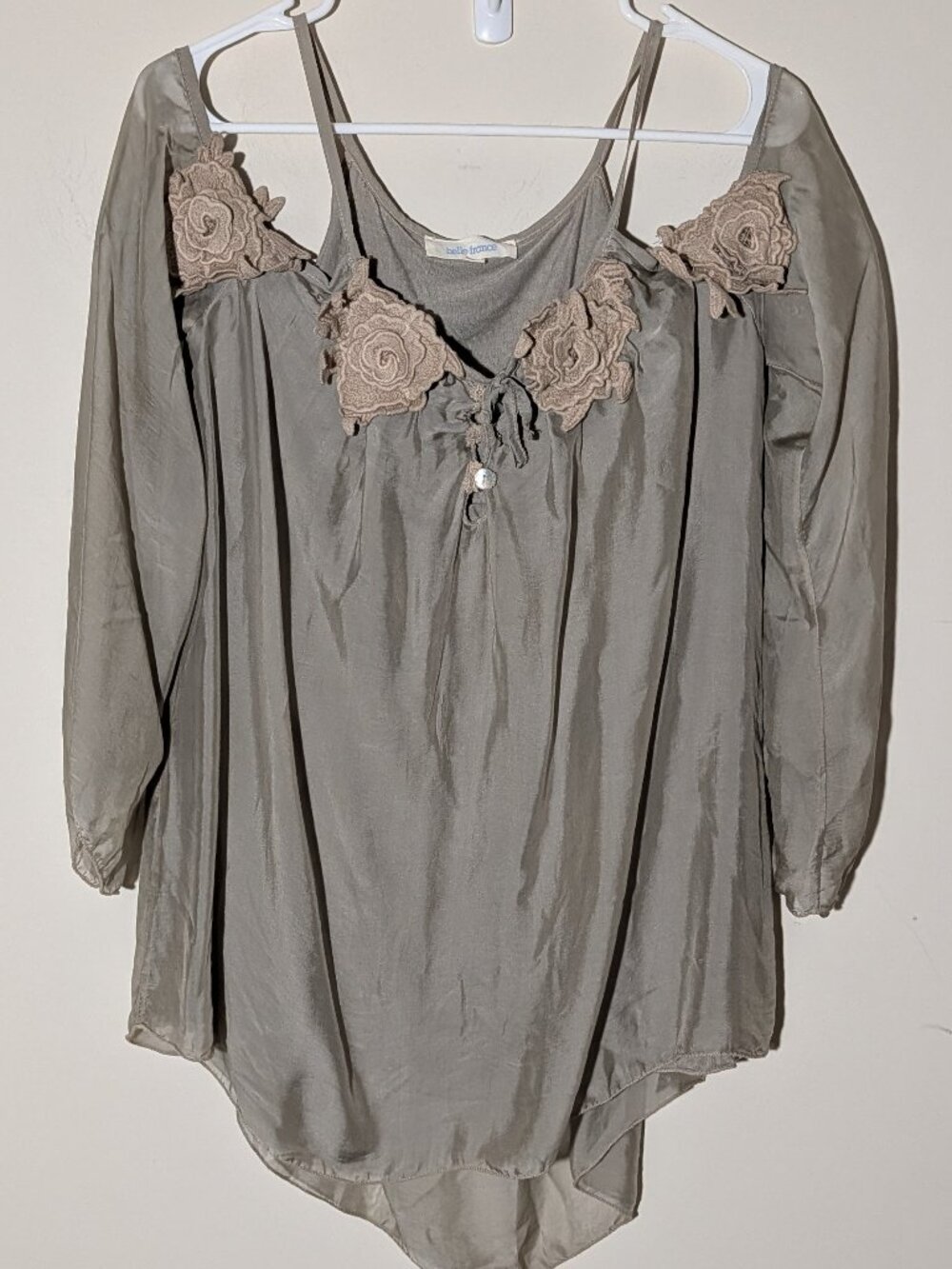 Belle France Silk Blend Cold Shoulder Bell Sleeves Boho Tunic Blouse Sz XL Grey